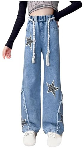 Guqmjde Jeans Mädchen Palazzo Hose Mode Y2K Hose Jeanshosen Lange Hosen Weite Hose Baggy Hose Streetwear Denimhose Outdoorhose Kinder Freizeithose Loungehose Blau, 13 Jahre