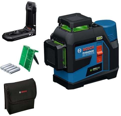 Bosch Professional line Laser GLL 12V-100-33 CG (3 x 360° Green Laser, Working Range 100 m (Radius) with Receiver, Levelling Remote app, IP 65, LB 10, 4 x 1,5V LR6 (AA), AA1 Adapter, Pouch)