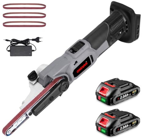 ONEVAN levigatrice a nastro senza fili, lima elettrica con 2 batterie da 2000 mAh, 6 velocità, regolabile a 35°, smerigliatrice a nastro a batteria per legno, metallo, incl. 3 nastri abrasivi