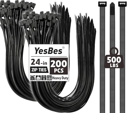 200 PCS Zip Ties 24 Inch Heavy Duty, Large Cable Ties 500lbs Tensile Strength, Black Zip Ties for Indoor and Outdoor Use, UV Resistant Wire Ties