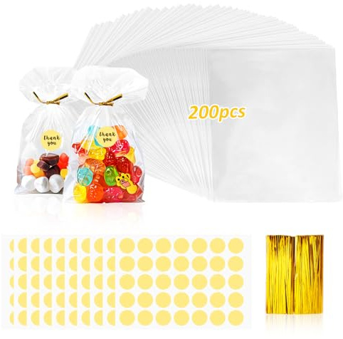 Behiruch 200 Stück Cellophantüten 20x15cm, Süßigkeiten Tüten Geschenkbeutel | mit Metallischen Krawatten und Runde Stickers für Hochzeit, Picknick, Kindergeburtstag Gastgeschenke Tütchen