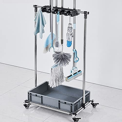 Janitorial Cart - Commercial Mop Rack with Hooks and Sink Basin for Property Companies - Movable Cleaning Tool Storage