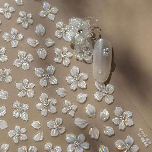 Auiremrti Blumennagelkunstaufkleber,Weiße Blumennagelaufkleber,Exquisite Glänzende Muschel-Lichtkristall-Blumennagelaufkleber,Gelesblume Aufkleber für Nägel