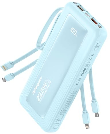 10000 mAh Power Bank con Cavi Integrati: Batteria Esterna a ricarica rapida da 22.5W per telefono cellulare, Pacco Batteria USB C (ingresso e uscita), Caricatore Portatile con 6 uscite e 2 ingressi