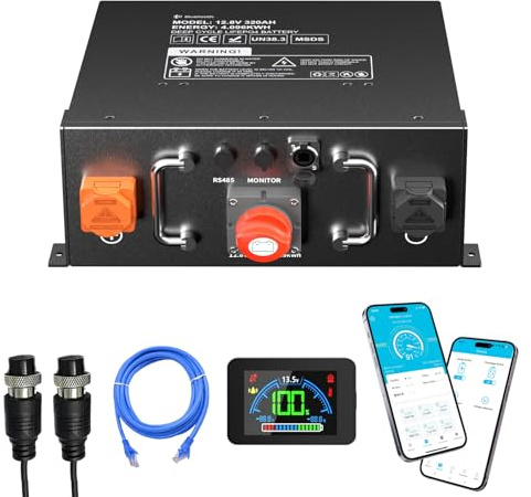 12V 320Ah LiFePO4 Lithium Batterie, max. 4096Wh Energie, ECE R10 Underseat Batterie für Wohnwagen mit 250A BMS, LCD-Display, RS485/CAN Kommunikation, 8000 Ladezyklen für Wohnwagen und Wohnmobile