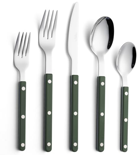 ANNOVA Ensemble de couverts, rétro/rivets, manches colorés, couverts de table en acier inoxydable, ensemble d'ustensiles de cuisine (Vert foncé, 10 Pièces)