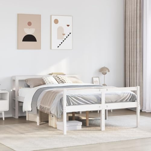 Qnhdfrt Seniorenbett Massivholz Kiefer Weiß 135x190 cm mit Kopfteil und Stauraum Schlafhöhe 44 cm für Senioren und Gäste