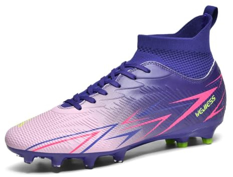 Botas de Fútbol Tobillo Alto - AG Tacos para Césped Artificial, Cuello de Calcetín Transpirable, (Negro/Blanco/Degradado Rosa)