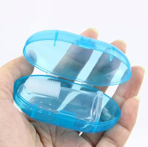 Silicone Baby Finger Toothbrush – Soft Oral Care Brush with Storage Case – Pink/Blue (Blue)