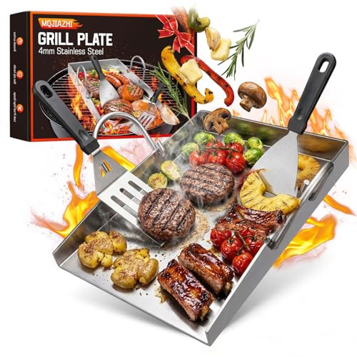 plancha para barbacoa de 40 x 30 cm con perforación, plancha acero inoxidable de 4 mm de grosor, Incluye espátula para barbacoa y mango resistente al calor y no se deforma