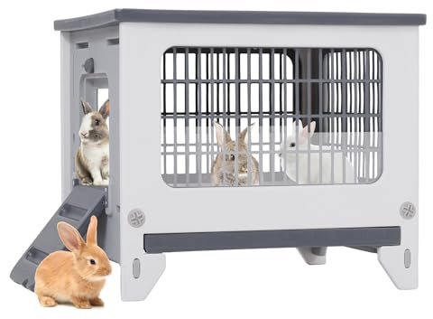 Kaninchenstall aus Kunststoff Hasenstall mit Freilaufgehege Rädern Öffnbarem Dach Ausziehbarem Tablett Metallgitter Winterfest Meerschweinchenstall Kaninchenkäfig für Innen, draußen