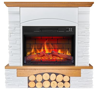 ArtiFlame Elektrokamin Roxwell AF23BS (Weiß/Eiche) – Standkamin in Steinoptik mit Realistischem 3D LED-Feuer, Knister-Sound, Heizung 1800W, Thermostat, Timer und Fernbedienung