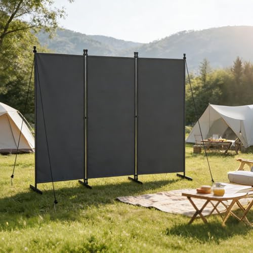 UISEBRT Paravent Outdoor wetterfest mit Heringen und Abspannleinen,Klappbar Freistehend Trennwand ohne Bohren,mobiler sichtschutz für Garten Balkon terrasse,3 Teilig 240 x 180 cm Dunkelgrau