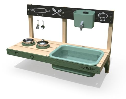 Plum Play Splash and Mash Discovery Mud Kitchen with Water Tap and Sink- Cooking Utensils - Hob and Pan - Outdoor Garden Roleplay Kitchen to attach to Playhouses, Fences or Walls (Extra Large)