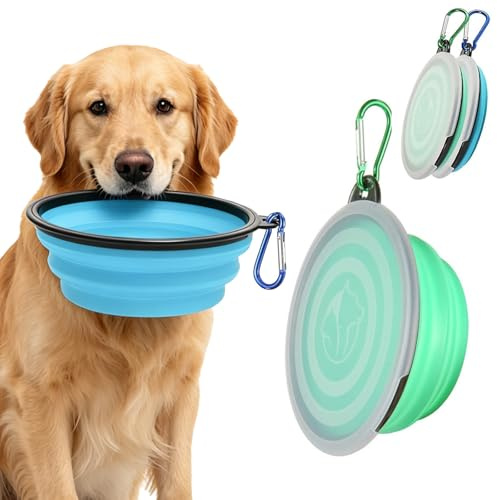 2 Stück Faltbare Hundenäpfe mit Flaschenträger,Faltbar Hundenapf,Haustier Hundenapf mit Deckel und Haken,Tragbare Silikon Trinkschale für Katzen,Hunde,faltbares Silikon, mobil für Haustiere Gassi gehe