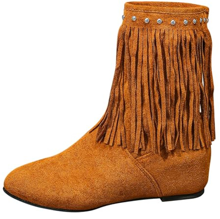Bottines plates à franges en daim pour femme | Bottines à franges plates en daim avec pampilles style western cloutées décontractées pour femme