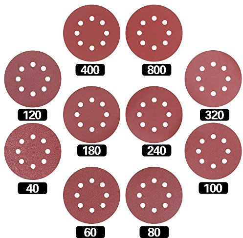 Swpeet 60 dischi abrasivi in 10 misure da 12,7 cm, 8 fori, per levigatrice circolare, grana 40/60/80/100/120/180/240/320/400/800