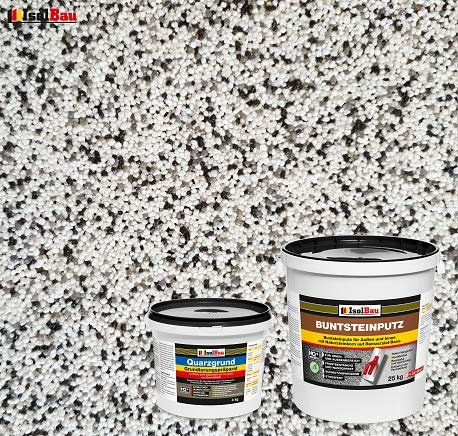 Isolbau Buntsteinputz - Mosaikputz für innen & außen - Frostsicher, wasserfest, stoßfest - BP10 (Weiß, Grau, Schwarz), 25 kg + Quarzgrund 4 kg