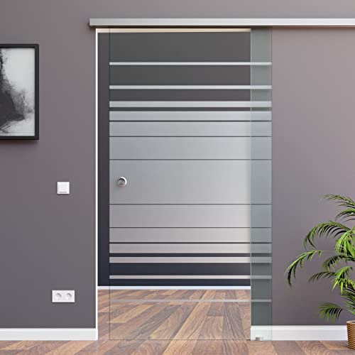 Schiebetürsystem ESG Dekor Klar mit matte Streifen M4-Alu mit 30mm Wandabstand (775 x 2050 mm, Soft-Close Selbsteinzug Slimline Alu-Schinensystem mit Griffmuschel)