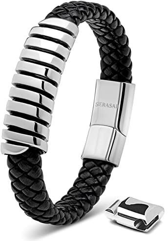SERASAR Bracelet Homme Cuir Fermoir Magnétique Acier Inoxydable | Briller Cuir De Vachette Véritable | Bracelets Style Tressé | Coffret Cadeau Bijoux Inclus | D'Accessoires de Mode Pour Homme