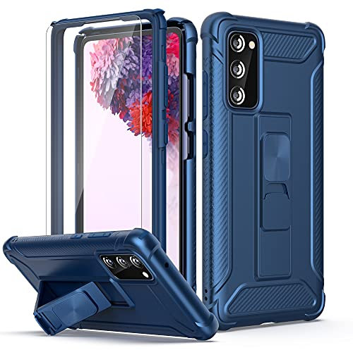 ORETECH Silikon Hülle für Samsung Galaxy S20 FE 6.5 mit [2X Displayschutzfolie] [Ständer Halter] 360 Grad Militärischer Schutzhülle Dünn Kratzfest Hard PC Handyhülle für Samsung S20 FE-Blau