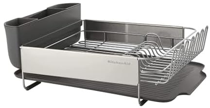 KitchenAid Large Capacity, Fully Size Self Draining Rust Resistatant Satin Coated Dish Rack with Removable Flatware Caddy 20.47-Inch, Gray