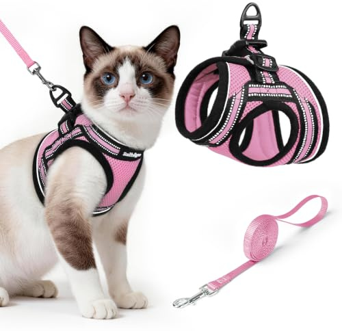 rabbitgoo Katzengeschirr Katzenleine Set Katzengeschirr mit Leine Geschirr Katzen ausbruchsicher verstellbar weich mit reflektierenden Streifen für Katzen Kitten Welpen Cat Harness Leash Rosa L