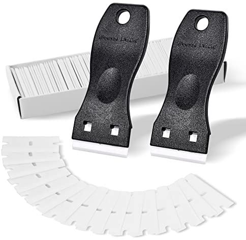 FOSHIO 2PCS Black Plastic Razor Blade Scraper Tool and 100PCS White Plastic Blades for Gasket Remover, Sticker Remover, Labels Decal and Adhesive Remover for Windows and Glass