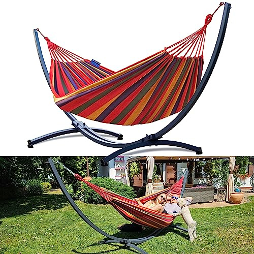 Potenza Hamaca con Soporte Incluido en Jardin, de Tela Multicolor, para 2 Personas Doble I Grande Soporte Capacidad de 220 Kg I Hamaca 220x160 cm (Rojo, Básico Soporte Grafito)