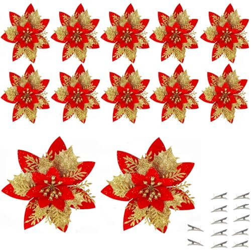 ARHAR Fleurs de Noel, 12Pcs Décorations De Noël Glitter Artificielles,5.5 '' Glitter Artificielles Fleurs de Noel pour Décorations de Noël Maison Porte- d'or (Doré Rouge)