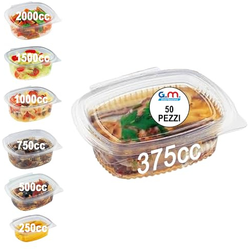 GM 50 Vaschette per Alimenti Riutilizzabili con Coperchio Ovali Trasparenti in Pet Misura 375 cc Contenitori con Coperchio Unito Trasparente Vaschette per Alimenti Riutilizzabili Chiusura ermetica