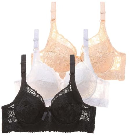 3Pcs Floral Lace Bras for Women Ladies Bras Underwired Full Support Adjustable Straps Womens Everyday Bra Soft Breathable Push Up Underwear Seamless Women Sports Bras… Black