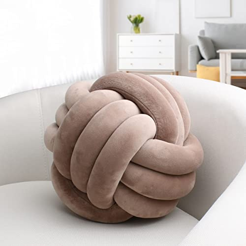 IIQI Knot Ball Pillow, Soft Knotted Cushion for Home Decor【1 Free Washing Bag Included】 Round Throw Pillow Lumbar Pillows (Brown,22cm)