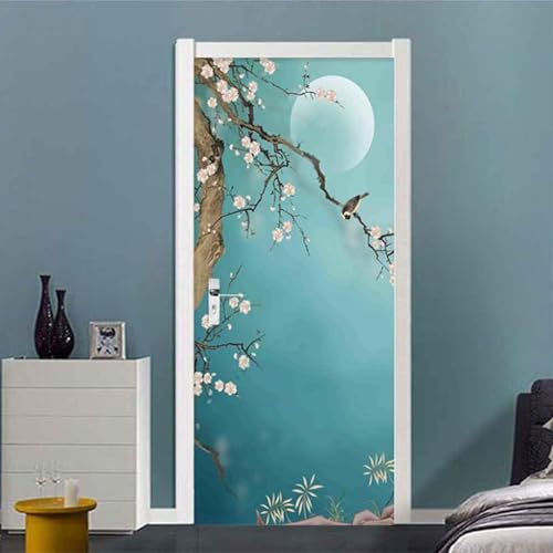 3D Door Art Sakura Tree Moon Self-Adhesive Door Stickers Door Posters Door Wallpaper Door Murals Door Wall Stickers Door Photos 90 X 210 Cm For Living Room Bedroom Bathroom Kitchen Door De -5L7U7O1O6E