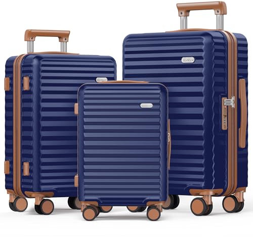 SHOWKOO Kofferset 3 Teilig Hartschale Leicht Erweiterbar 100% PC Haltbar Trolley Handgepäck Reisekoffer mit 360° Doppel Spinner Rollen & TSA Schloss (M L XL -Dunkel Blau)
