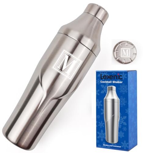 Lexenic Coctelera personalizada de doble pared de 680.4 g – Coctelera de Martini con monograma, aislada, mantiene las bebidas frías, tapa sin torsión, colador integrado, coctelera de acero inoxidable