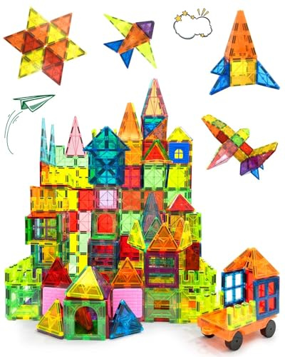 E-SMARTER Magnetic Tiles 52p, Magnetic Building Blocks with a Car Wheel Block, STEM Educational Magnets Toys Kids Learning Construction Toys for Boys Girls, Kids Ages 3+ Year Old