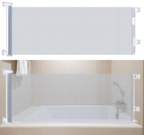 Bathtub Splash Guard for Tub Kids and Pets with Splash Strips, No Drilling 71 Wide Retractable Waterproof Shower Splash Guard for Bathtub, Space-Saving Bathtub Water Guards Retractable Gate, Clear