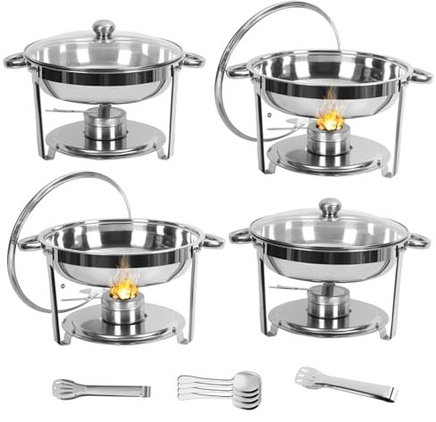 joukares Chafing Dish Buffet Set 4 Pack, 5QT Round Chafing Dishes with Glass Lid & Lid Holder, Stainless Steel Buffet Servers and Warmers, Food Warmer for Parties, Events, Wedding, Camping, Dinner 1