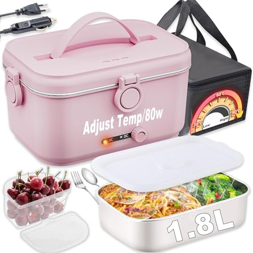Fiambrera Eléctrica Temperatura Ajustable 80W Calentador de Comida Electrico 12/24/230V Fiambreras Comida Trabajo 1.8L para Coche/Camión con Compartimentos y Bolsa de Gris Aislamiento(Rosa)