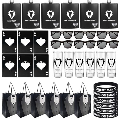 Excavatess 42pcs matrimonio Groomsman regalo 6 8 once in acciaio inox vino brocche 6 imbuti 6 bicchieri da vino 6 occhiali da sole uomo 6 braccialetti 6 carte da gioco apribottiglie 6 borse festa di
