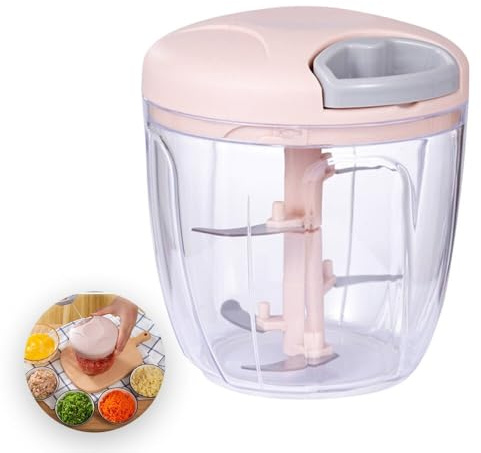 Hachoir à ail multifonctionnel avec cordon de tirage manuel pour cuisine, aide domestique pour presser l'ail, couper les légumes et hacher la viande (900 ml, rose)