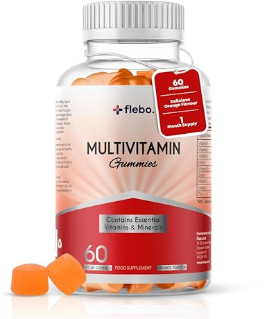 Flebo Multivitamin Gummies for Women & Men - Vegan Chewable Adult Orange Flavour 60 Gummies - 1 Month Supply, 9 Vitamins & Minerals VIT C, D3, B6, B7, Iron & Zinc - Immune Support & Skin Health