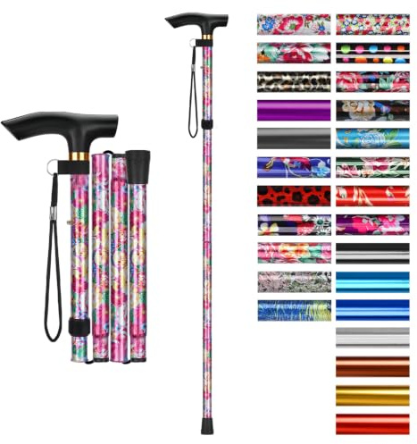 supregear Bastone Pieghevole, Regolabile per Anziani e Adulti, Ausilio per la Mobilità Uomo Donna, Portatile da Viaggio con Cinturino da Polso e Manico a T, Rosa Floreale