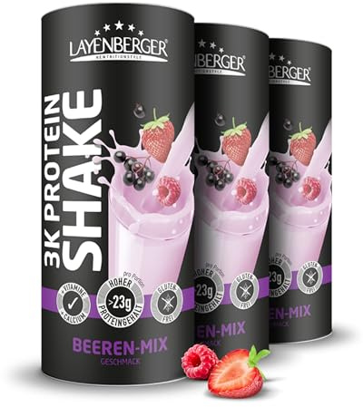 Layenberger 3K Protein Shake Beeren-Mix (3x360 g) | 78 % Eiweiß, nur 4,4 % Kohlenhydrate, 9 g Zucker, insgesamt 1080 g
