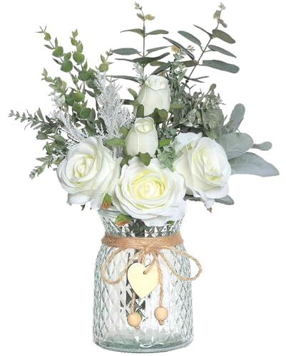 CAKEEYUM Artificial Flowers in Vase 14.5x11 Inch Lifelike Roses Faux Flowers in Vase Silk with Green Leaves Fake in for Home Kitchen Office Table Centerpiece White