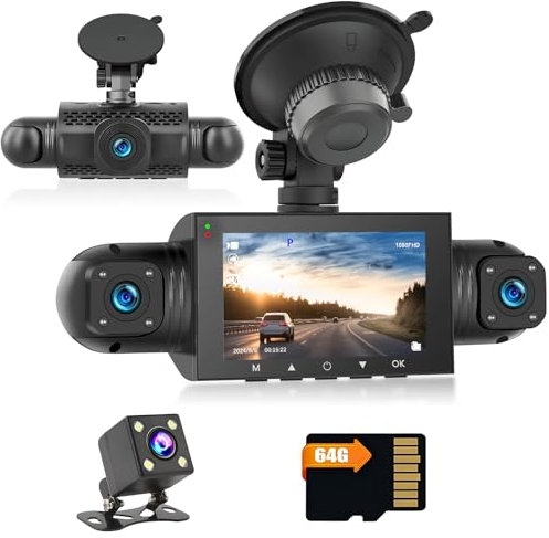 Hikity DVR 1080P Dashcam per Android Autoradio Mini 3 inch 360° Four Telecamera per Auto Recorder con Modalità di Parcheggio 24H,G-Sensor,Registrazione in Loop con scheda TF da 64G