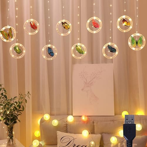 Lichtervorhang Innen, 3Meter Schmetterlings Vorhang Lichterketten USB 8 Modi LED Lichterkette mit 10 Haken Fernbedienung Timer Verstellbare Helligkeit für Party Innen und außen Deko (USB)