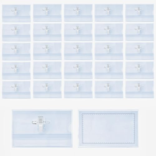 ZMDMAH 25 etiquetas transparentes para ropa, etiquetas de nombre, tarjetas de identificación, fundas para tarjetas de identificación con clip, resistentes al agua y duraderas
