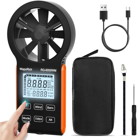 Digital Anemometer Handheld, WapoRich 7 in 1 Wind Speed Meter Measures Atmospheric Pressure/Humidity/Temp/Dew Point/Wind Chill/Altitude with MAX/MIN/AVG for HVAC Drone Surfing - RQ-6000WM